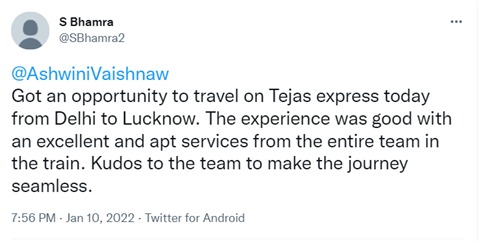 IRCTCofficial's tweet photo. We at #TejasExpress always aspire to make our passenger's travel experience most comfortable. Here are a few passenger feedbacks on Tejas Express services.
#TejasExpress #GoTejasGo https://t.co/AaFgWy69Q3