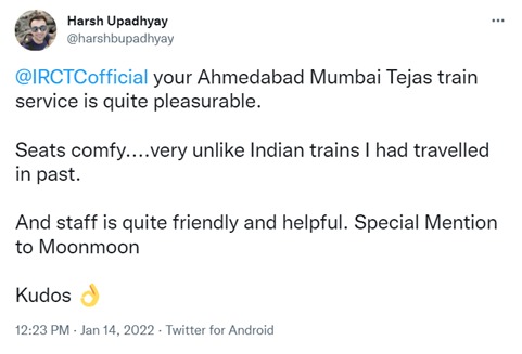 IRCTCofficial's tweet photo. We at #TejasExpress always aspire to make our passenger's travel experience most comfortable. Here are a few passenger feedbacks on Tejas Express services.
#TejasExpress #GoTejasGo https://t.co/AaFgWy69Q3