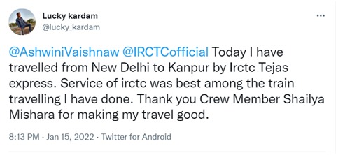 IRCTCofficial's tweet photo. We at #TejasExpress always aspire to make our passenger's travel experience most comfortable. Here are a few passenger feedbacks on Tejas Express services.
#TejasExpress #GoTejasGo https://t.co/AaFgWy69Q3