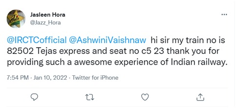 IRCTCofficial's tweet photo. We at #TejasExpress always aspire to make our passenger's travel experience most comfortable. Here are a few passenger feedbacks on Tejas Express services.
#TejasExpress #GoTejasGo https://t.co/AaFgWy69Q3