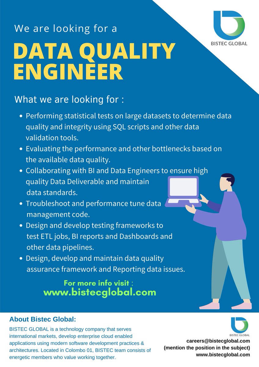 BistecGlobal's tweet image. 📢We are looking for Data quality engineers to join our growing team!

Send your resumes today to careers@bistecglobal.com

#Dataqualityengineers #Careers  #Hiring #bistecglobal