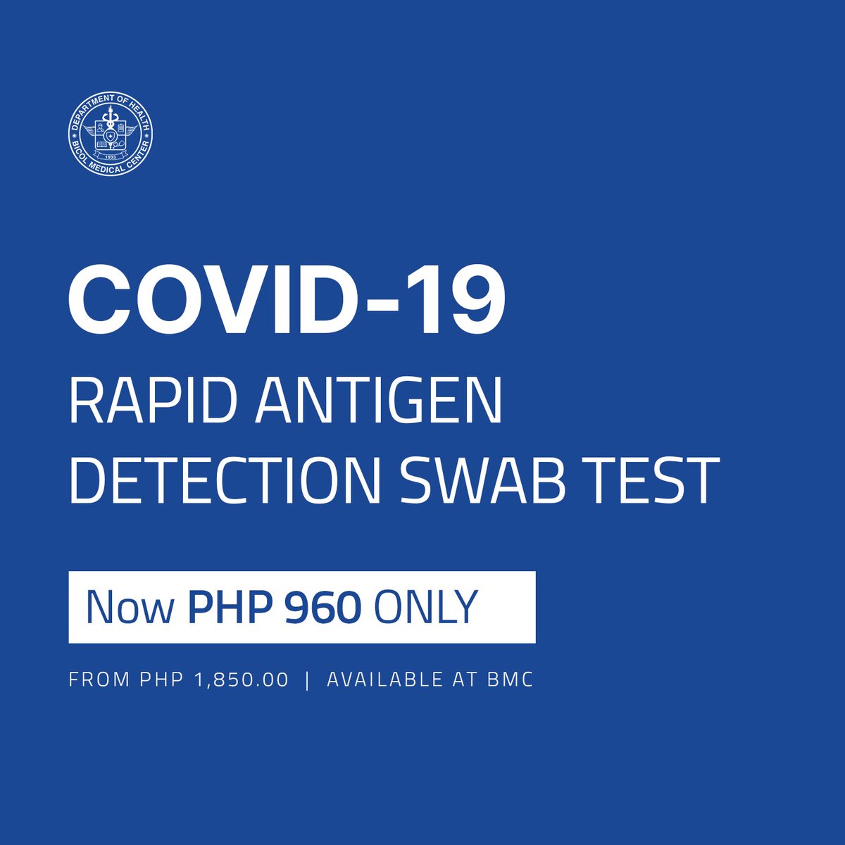 bmcgovph's tweet photo. 🔵 The Rapid Antigen Swab Test at BMC is now PHP 960.00 only.

This test is available at the Department of Laboratories, located at the 8-Storey General Wards Building. If you would like to be tested, kindly contact them at bmc.deptoflab@gmail.com or call (054) 472-6126 up to 31. https://t.co/v7aLjo1u0Y