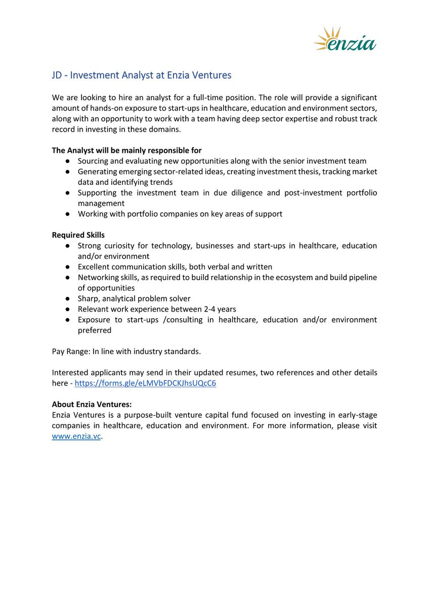 We're #Hiring! If you 
-have an eye for promising early-stage companies 
-are super interested in our sectors of focus
-can communicate &amp; network splendidly
we're looking for you!
Check below for details &amp; apply here: forms.gle/eLMVbFDCKJhsUQ…

#JobAlert #Investment #VentureCapital