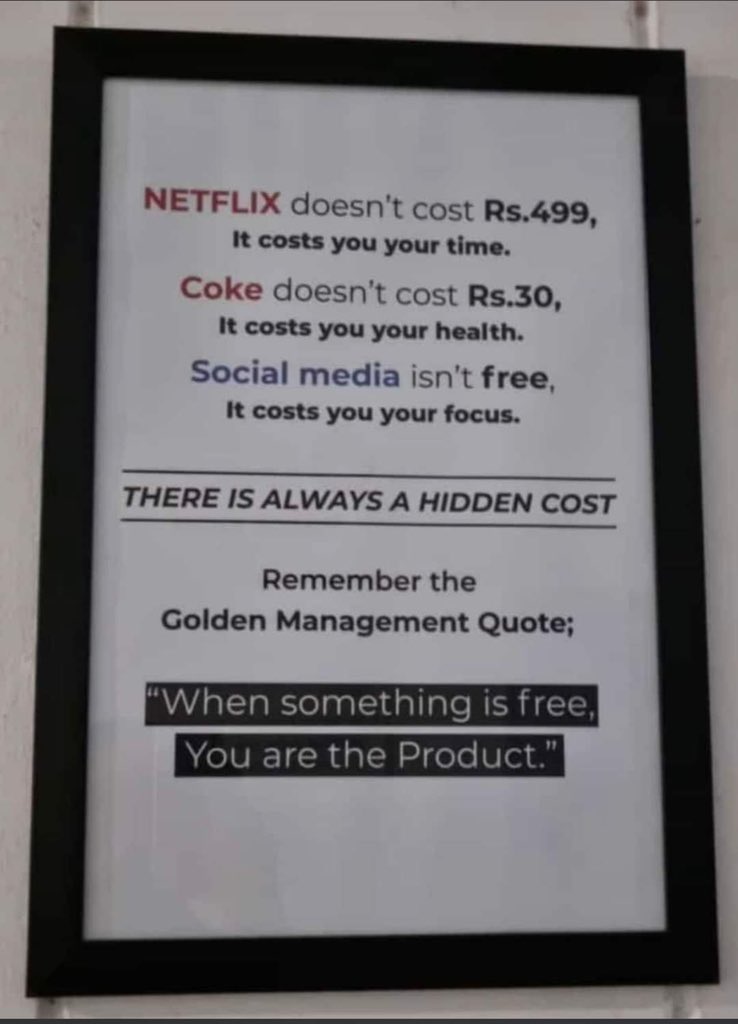 jitendrajsingh0's tweet photo. Remember the Golden Management Quote...
"When Something is Free,
You are the product"
Nothing is Free

#WednesdayMotivation
#wednesdaythought
#Wednesdayvibe
🙂😊🙏 https://t.co/AMo0ZaXAXx