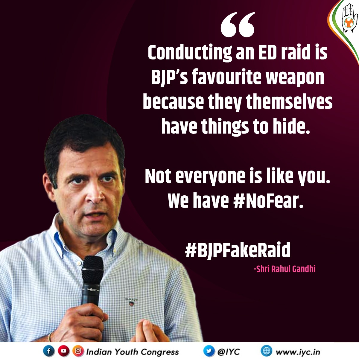 iyctripura's tweet photo. Conducting an ED raid is BJP’s favourite weapon because they themselves have things to hide. 

Not everyone is like you. We have #NoFear. 

#BJPFakeRaid 

-Shri @RahulGandhi https://t.co/wn2VBzPX1I