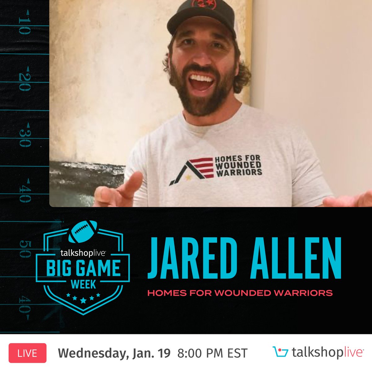 When then-NFL star @JaredAllen69 returned home from his USO trip over a decade ago, he came back with a new calling beyond football: helping our wounded veterans. Join Jared today for his #BigGameWeek Homes for Wounded Warriors show at 8pm ET! Watch here: talkshop.live/watch/QcHcX1eD…