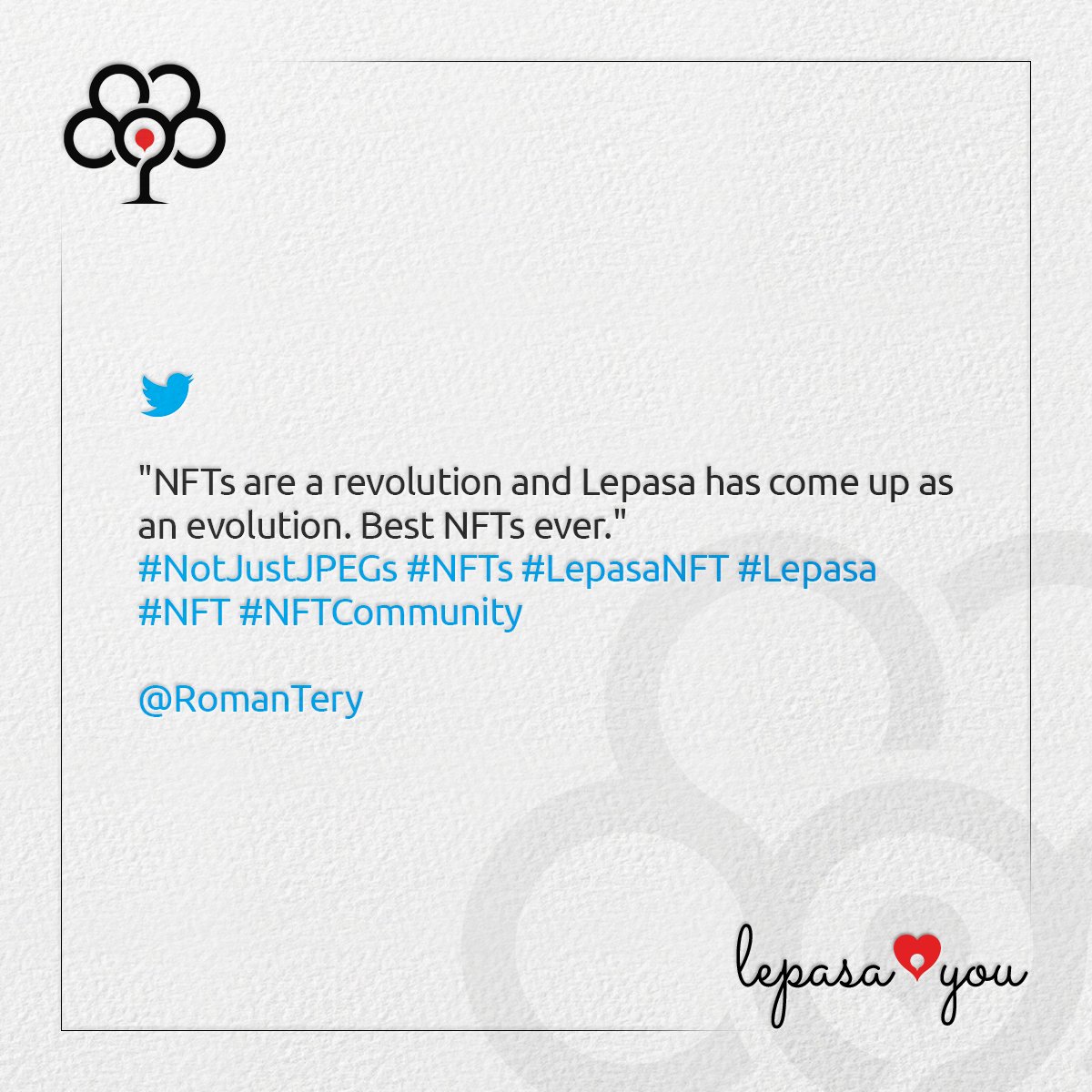 Lepasaorg's tweet photo. "NFTs are a revolution and Lepasa has come up as an evolution. Best NFTs ever."
#NotJustJPEGs #NFTs #LepasaNFT #Lepasa #NFT #NFTCommunity
@RomanTery

#Lepasa ❤️ You

#NotJustJPEGs #NFTs #Lepasa #NFT #NextGenNFTs #Lepaverse https://t.co/wAxjro096i