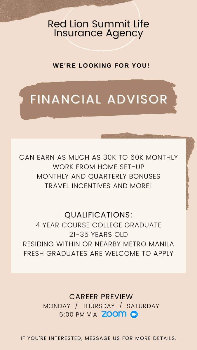 menggookieee's tweet photo. We're looking for part-time or full-time FINANCIAL ADVISORS!!!

Qualifications:
Graduate of at least 4 year course
21-35 years old
Fresh graduates are welcome
Residing within or nearby Metro Manila

Perks:
- Flexi-time work schedule
- Work from home set-up

PM me if interested 😊 https://t.co/MmXerYQjLa