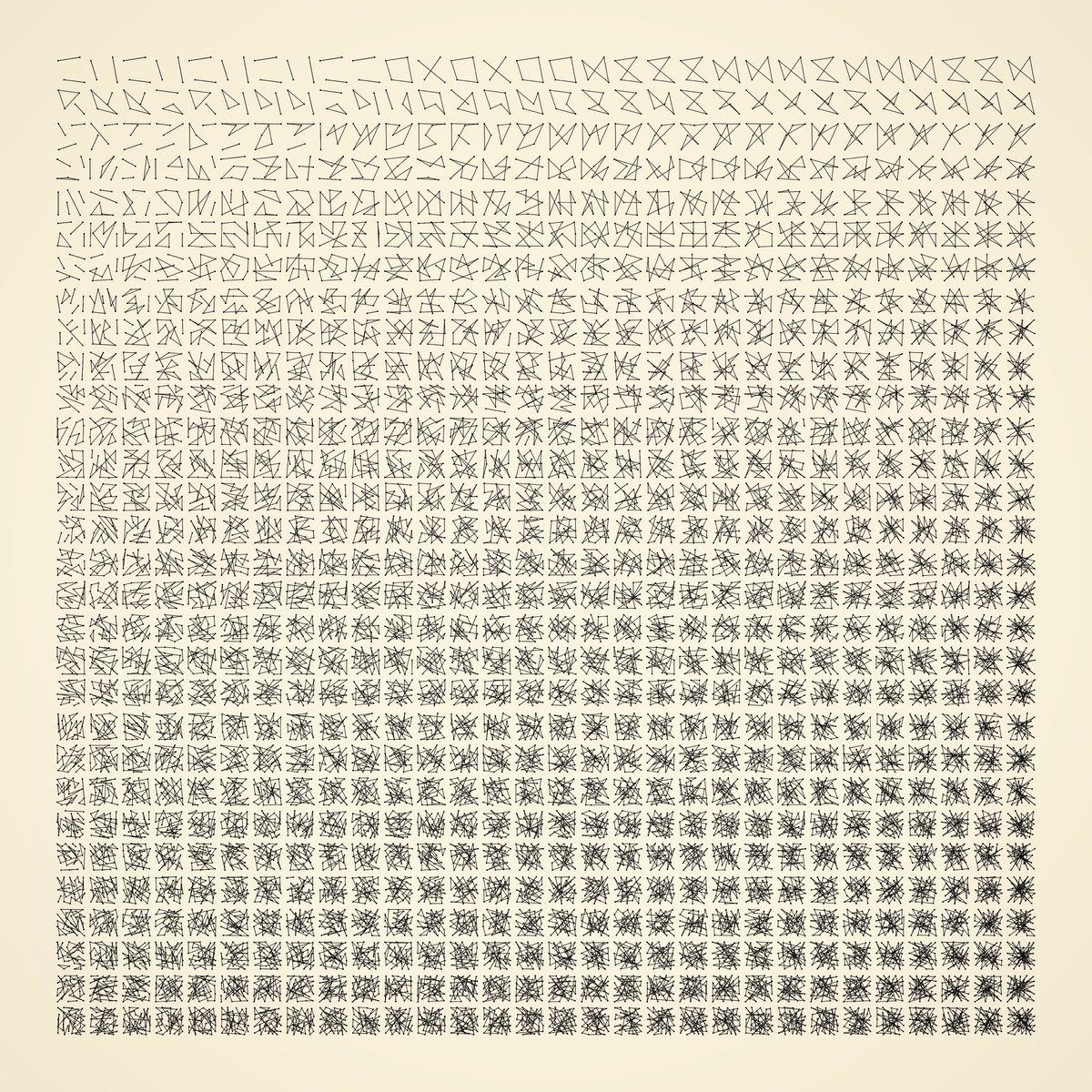 WillGenerate's tweet photo. #genuary2022 Day 1. Draw 10000 of something.  
10000 segments, grouped into a grid, sorted by number of intersections. 

#genuary #generativeart #lineart https://t.co/LtI3E1n02l