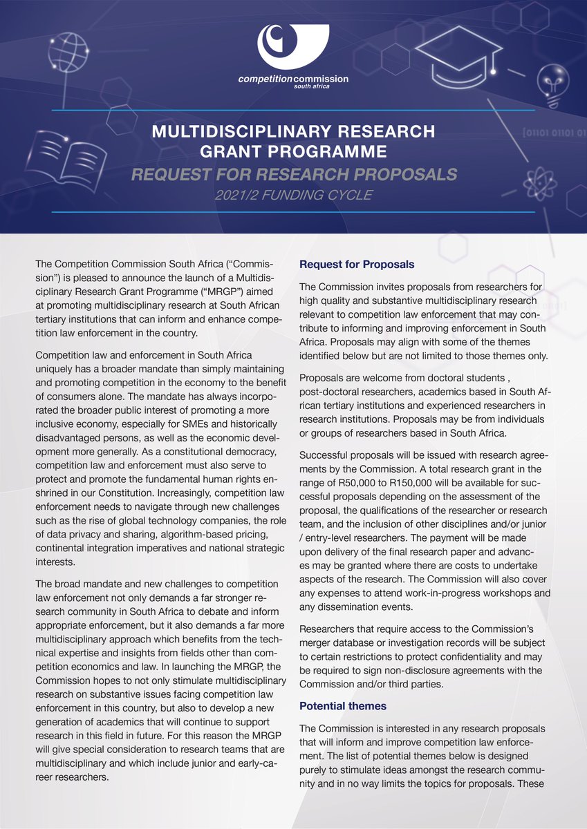 CCRED_UJ's tweet image. Exciting initiative from @CompComSA, multidisciplinary research grant aimed at promoting research at South African tertiary institutions that can inform and enhance competition law enforcement in the country. 
Proposal submission deadline: 31 January 2022.