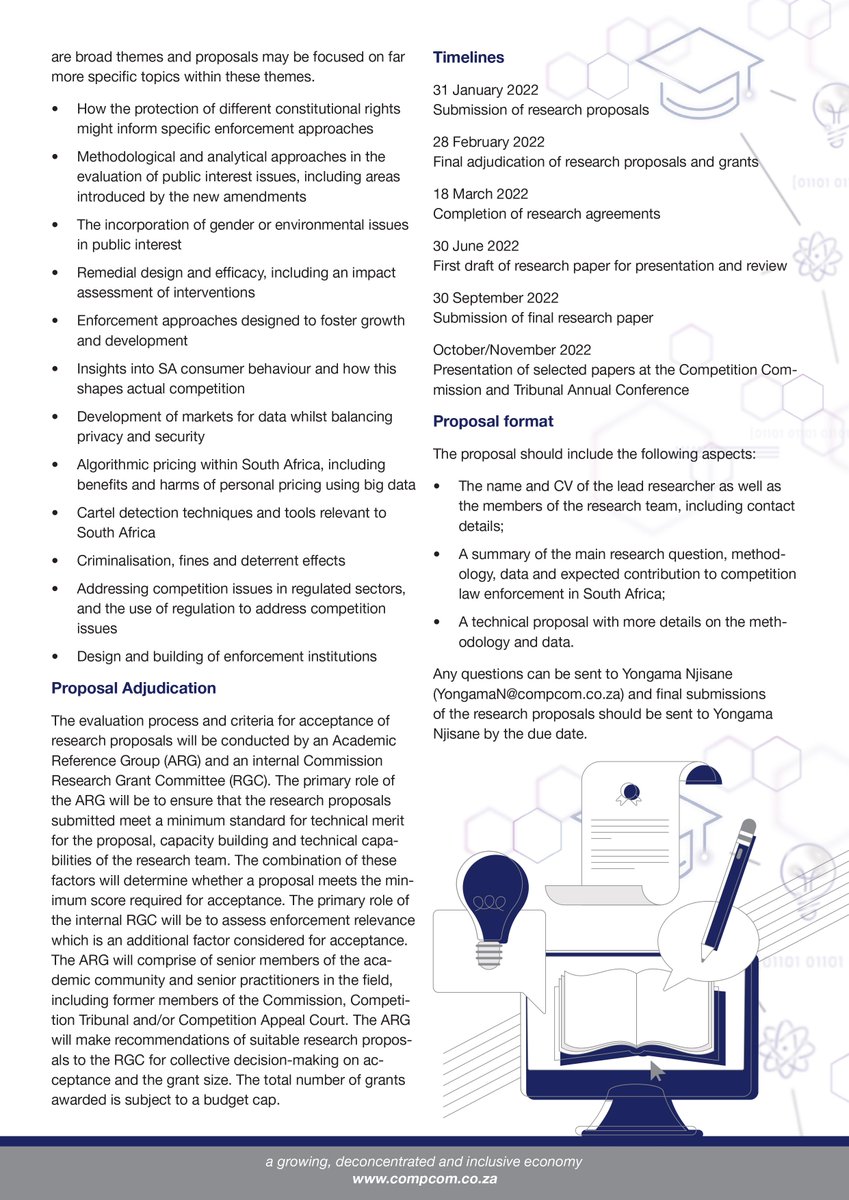 CCRED_UJ's tweet image. Exciting initiative from @CompComSA, multidisciplinary research grant aimed at promoting research at South African tertiary institutions that can inform and enhance competition law enforcement in the country. 
Proposal submission deadline: 31 January 2022.