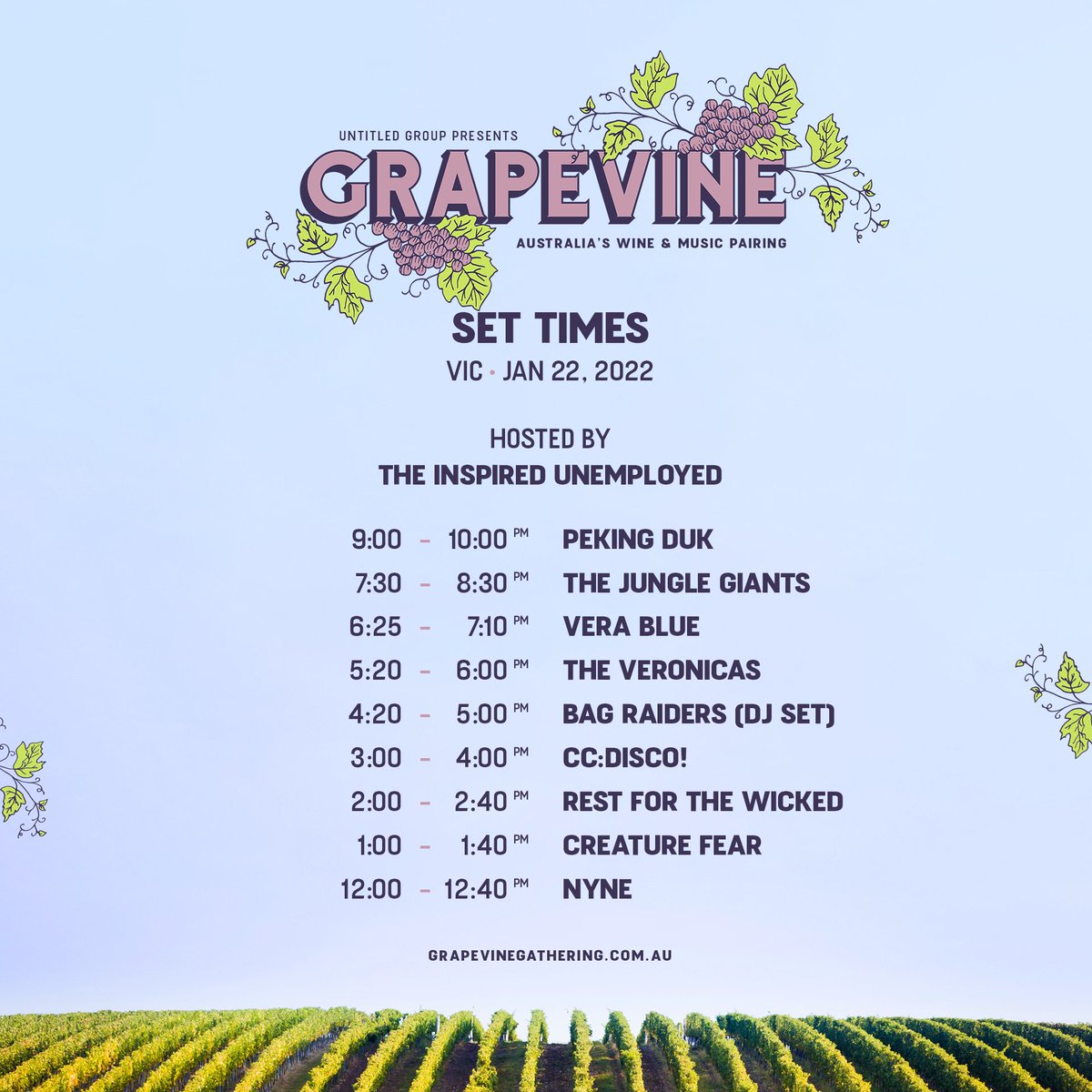 The set times have dropped for Grapevine Gathering 2022 - VIC 🎉 See you this Saturday!

Due to ongoing hard border restrictions between WA &amp; Victoria, San Cisco &amp; King Stingray will be unable to play, Bag Raiders (DJ Set) &amp; Creature Fear have been added to the lineup!