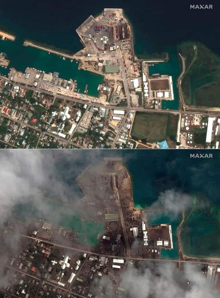 First images from surveillance planes flying over Tonga reveal “catastrophic” and “extensive” damage to villages in low-lying coastal parts of the archipelago.

A devastating volcanic eruption and a subsequent tsunami has caused untold devastation Down pointing backhand index https://t.co/Xq6YlGmcT4