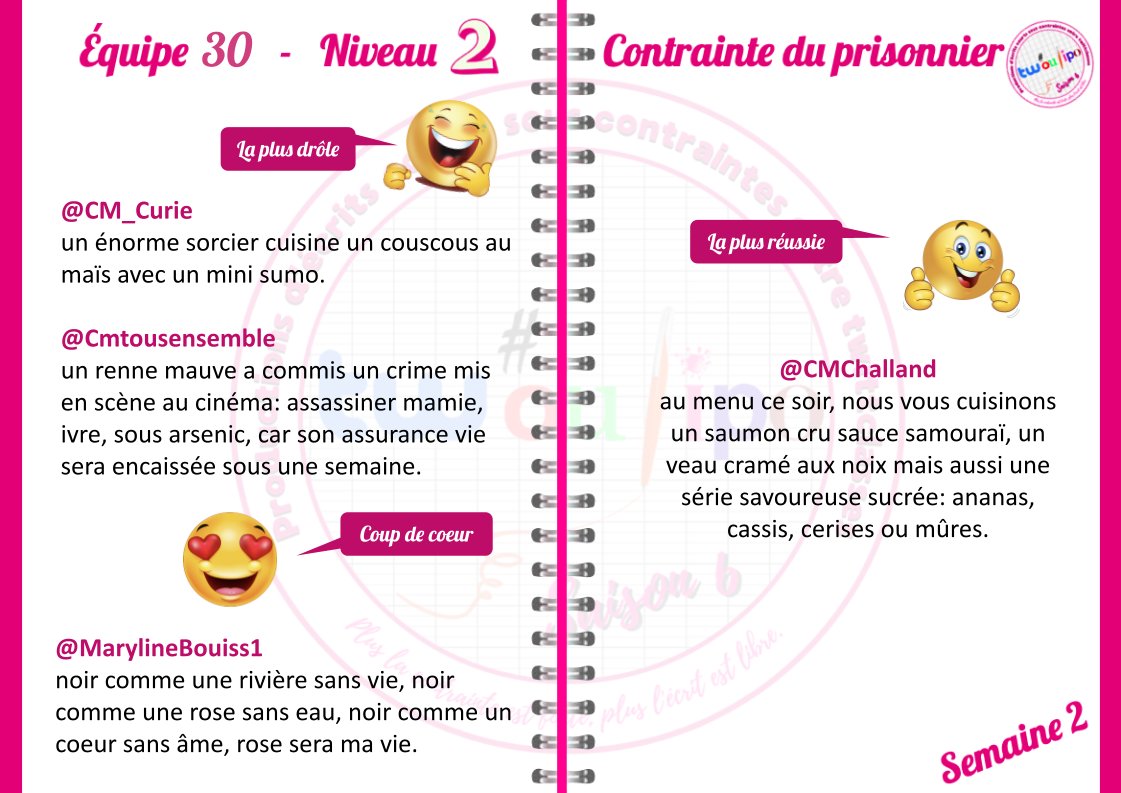 #Twoulipo 
En #EQ30 pour la semaine 2, voici les phrases qui ont été élues...
Bravo
<a href="/CmChalland/">CM_Challand</a> 
<a href="/ClasseTerraz/">Classe de G.TERRAZ (CM)</a> 
<a href="/CM2_Esplanade08/">CM2 Esplanade08</a> 
<a href="/cm_petit/">Les CM du petit Prince</a> 
<a href="/CM_Curie/">CM - Pierre Curie</a> 
<a href="/MarylineBouiss1/">Maryline Bouisseren</a> 
<a href="/Cmtousensemble/">Ensemble cm1/cm2</a>