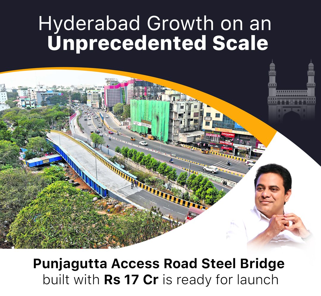 KTR_News's tweet photo. New Punjagutta Access Road Steel Bridge another milestone to avoid traffic chaos will be thrown open to public in Hyderabad

Telangana pace of Urban Development has accelerated under MA &amp; UD Minister KTR and this is one from many marvels ready for the people of Hyderabad
@KTRTRS https://t.co/8No50XkiiQ