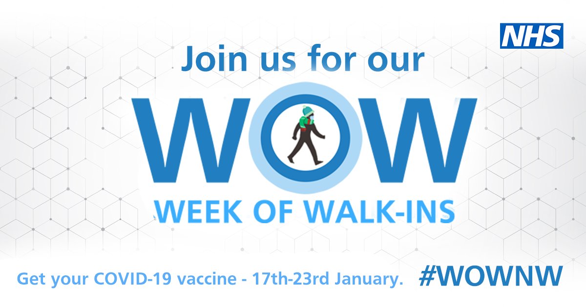 If you’re yet to have your first, second or booster dose of the Covid vaccine, there’s no better time than during this Week of Walk-ins.

Pop in, no appointment needed! Click here to find a walk-in site in Bolton: bit.ly/Boltonvaxclini…

#WOWNW