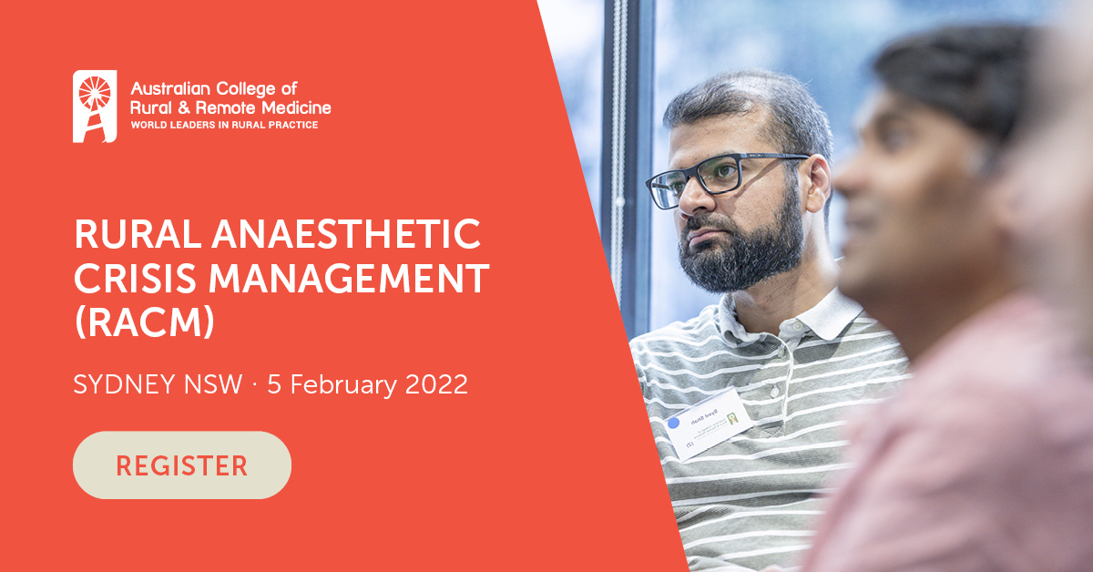 ACRRM's tweet photo. The Rural Anaesthetic Crisis Management (RACM) course is coming to Sydney on 5 February. RACM delivers training scenarios that focus on improving emergency anaesthetic skills for clinicians practicing in rural and remote environments. 

Register now >> https://t.co/qEveURys75 https://t.co/6a4Bb7TJrS