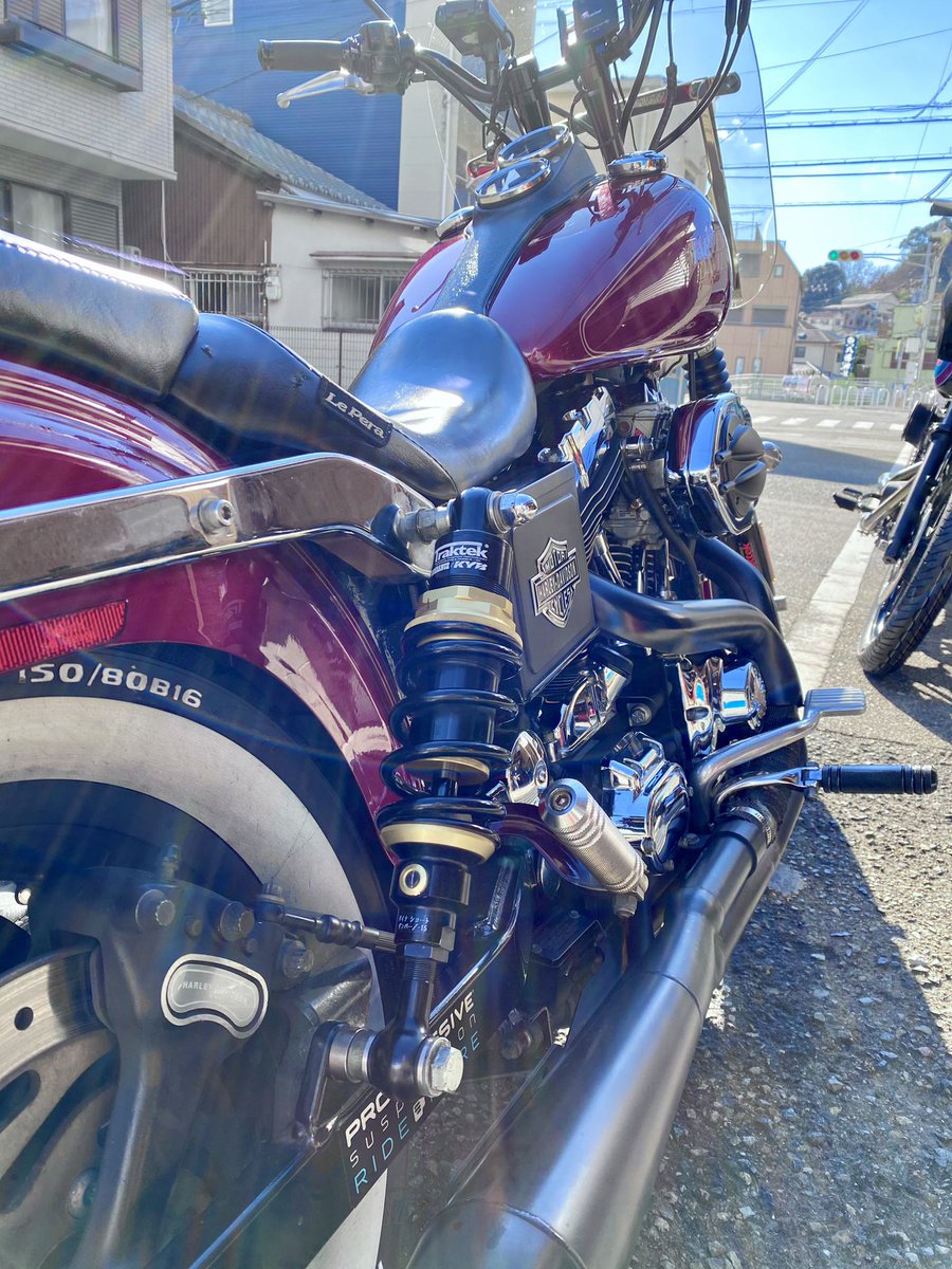kane_riders's tweet photo. ハーレーに念願のサンダンスTraktecリアサスを装着!ホワイトウォールがギリギリ隠れないラインをエンドアイで微調節。狙い通りのラインに!
ショートストロークやから少し硬めやけどセッティングでいい感じに。とにかく安定して曲がるようになった!
#Sundance×KYB
#traktec
#FXDL1450 https://t.co/kYdEpTU35H