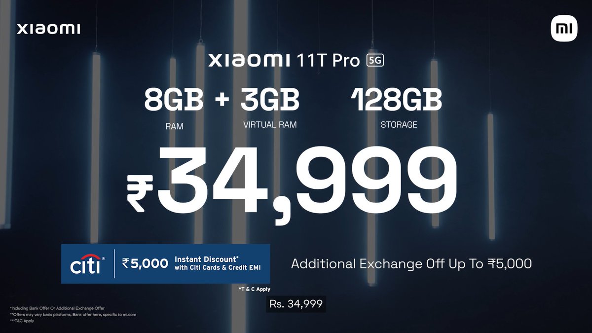 XiaomiIndia's tweet photo. Only #Xiaomi11TPro will stun you NOT the pricing ;)
#Xiaomi11TPro (8GB, 128GB) for just 34,999* and #Xiaomi11TPro (12GB, 256GB) for 38,999* only.
#TheHyperphone sale starts at 2:00pm | Exceptional bank & exchange offers.
Watch here: https://t.co/YrnuW2DY67 https://t.co/byUUKI6oiA