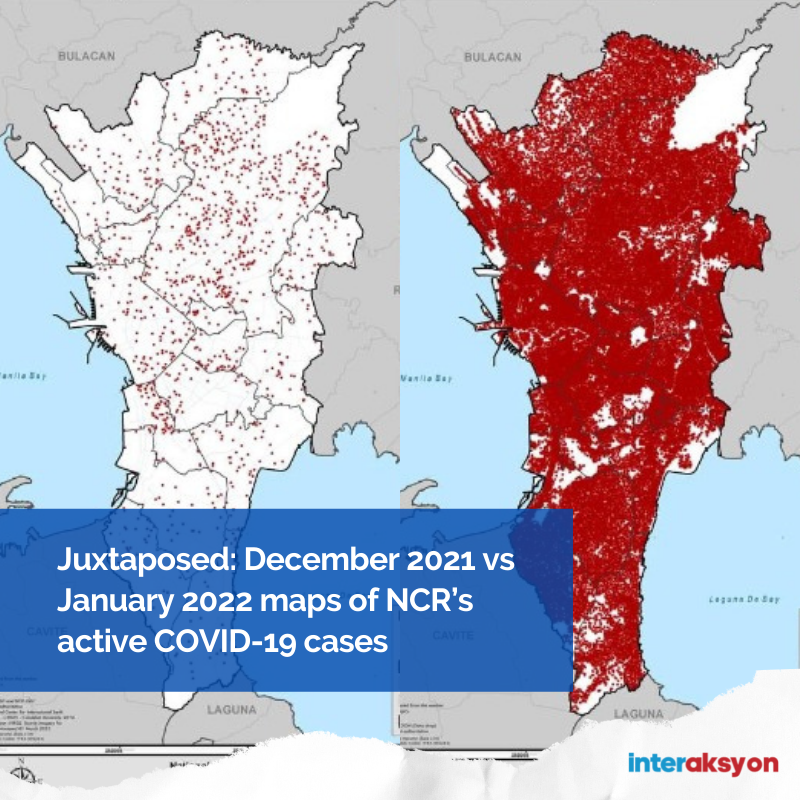 interaksyon's tweet photo. DEC 2021 ➡️ JAN 2022

Experts released two maps that showed how active COVID-19 cases in the country, particularly the capital region, have grown in over a month. #JuxtaposedToday

READ: https://t.co/hJGIj4wBmB https://t.co/kosTz9Q6t8