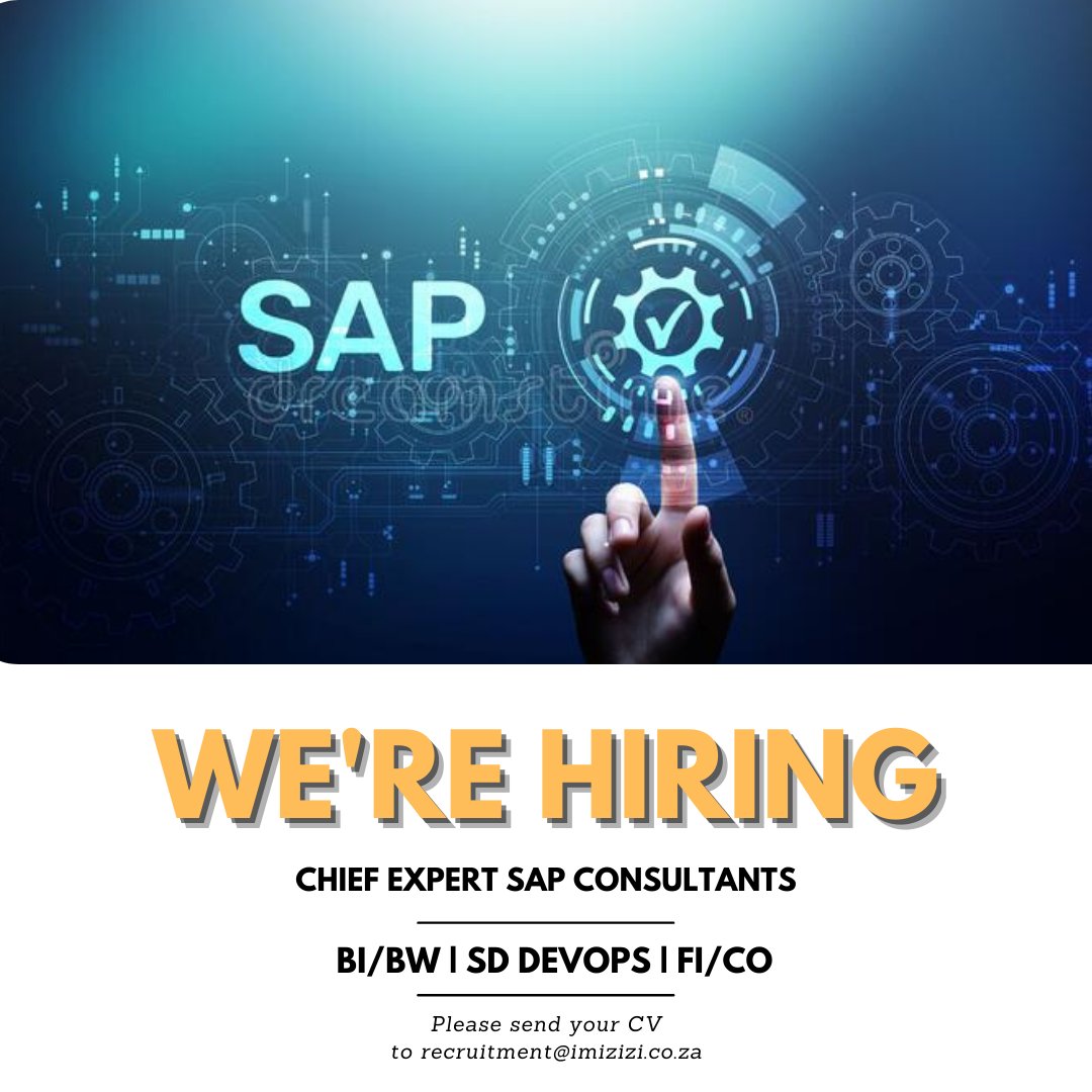 Real_Imizizi's tweet photo. We're hiring Chief Expert SAP Consultants for contract positions. Please send your detailed CV to recruitment@imizizi.co.za
#hiring #cv #sap #consultants https://t.co/BZTSAUOniI