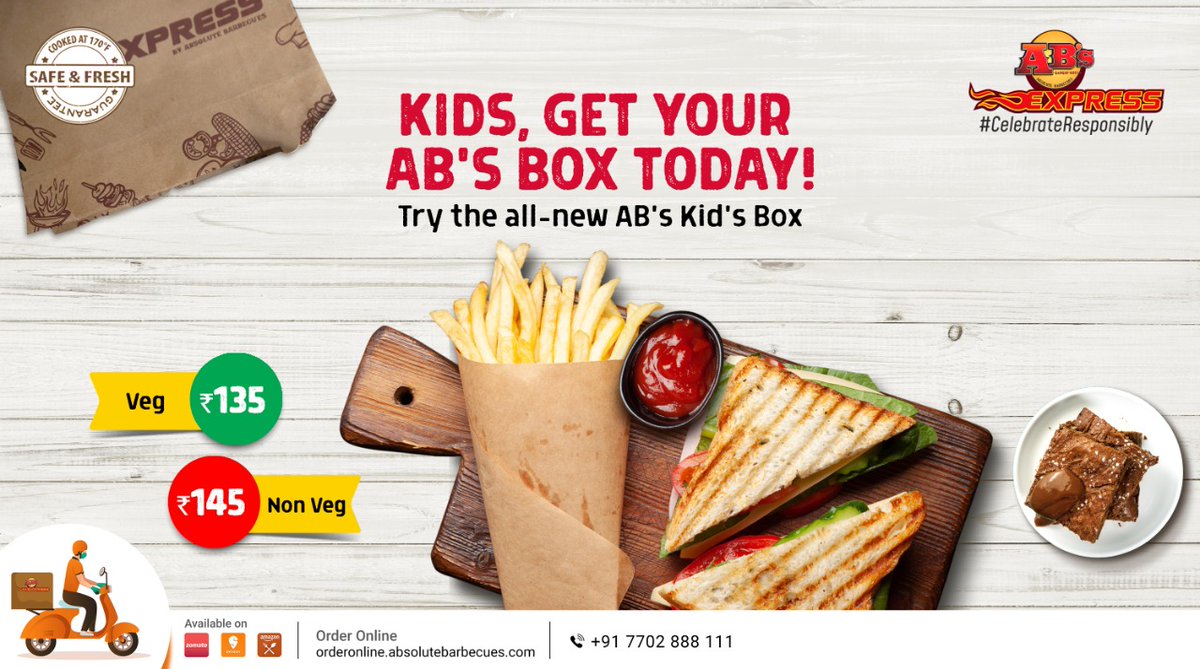 absolutebbq's tweet photo. Our Genie made a box specially curated for the kiddies! Check out our newly introduced AB’s Kids Box now available in options of Veg for ₹135 and Non-veg for ₹145. Place your orders now.
Visit https://t.co/qCXU1uMKCi to place your orders
#kidsbox #50off #buffetbox #bbq https://t.co/iyqApjD7uw