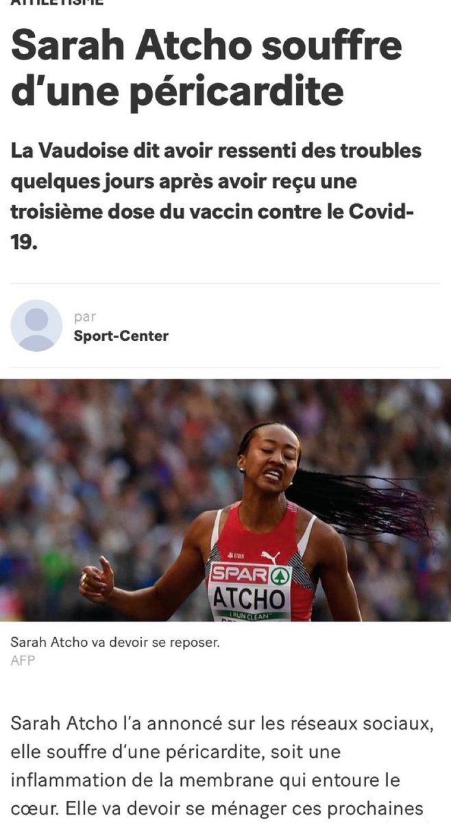 ziap1's tweet photo. #SUISSE - La sprinteuse Sarah #Atcho, 26 ans, souffre de péricardite. Elle explique avoir ressenti une oppression thoracique le 27 décembre, 5 jours après avoir reçu sa 3ème dose de #PFlZER https://t.co/cgMjnMvcpd