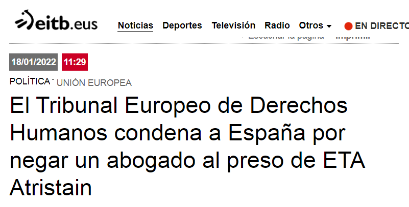 Las orejeras que a @eitb  no le dejan ver la realidad.
Xabier Atristain es un preso de la AN, que es la que le condenó mediante sentencia que ahora el TEDH dice que no fue justa.