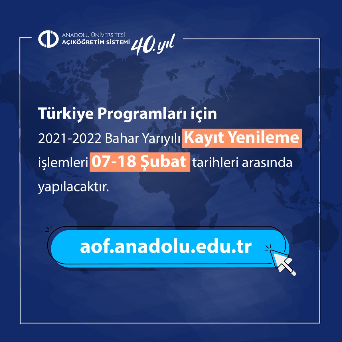🔄 Türkiye Programları için 2021-2022 Bahar Yarıyılı Kayıt Yenileme işlemleri 07-18 Şubat tarihleri arasında yapılacaktır. ☑️ aof.anadolu.edu.tr #AnadoluÜniversitesi #AçıköğretimSistemi #AÖS #KayıtYenileme #DersSeçme
