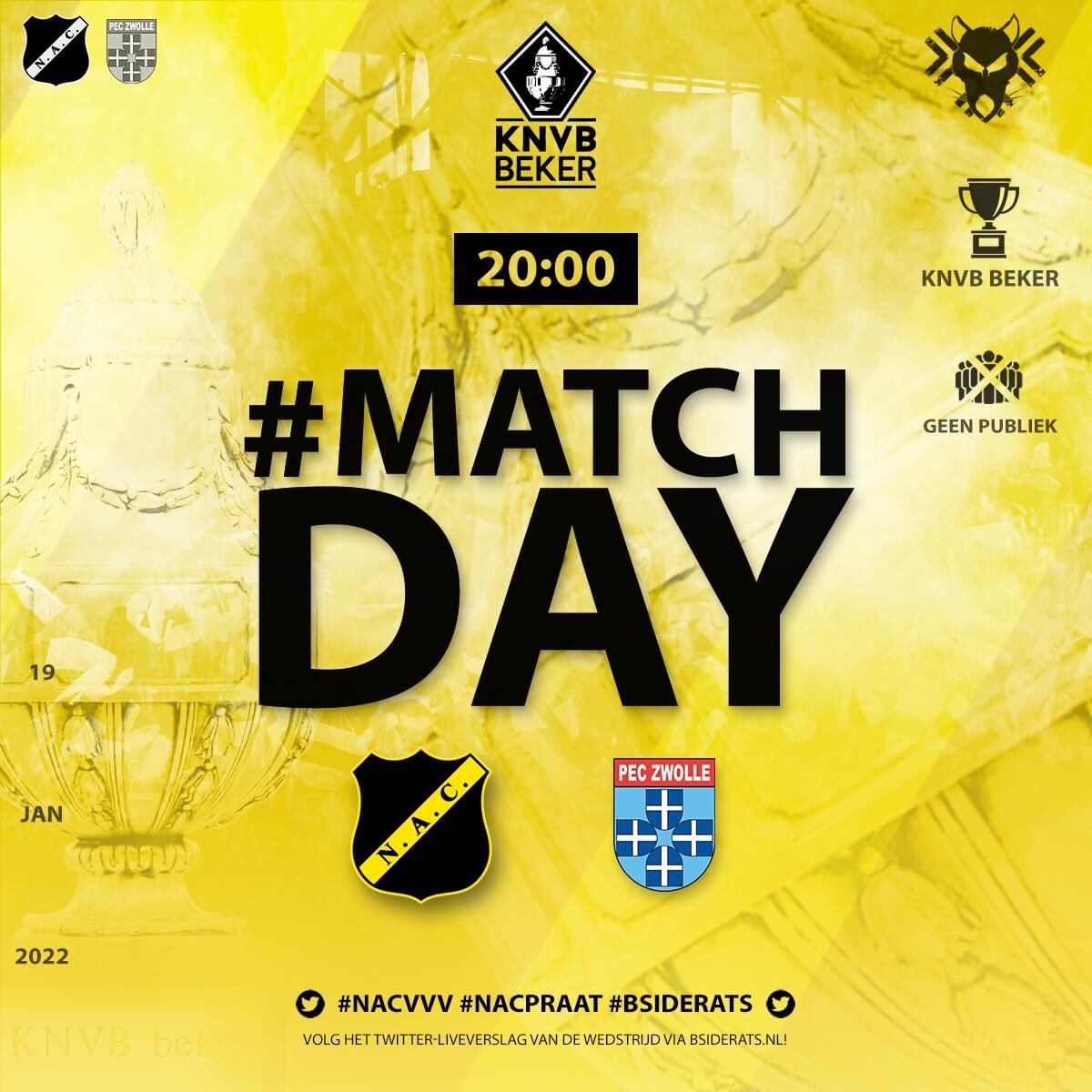 BSideRats's tweet photo. Deze week worden de achtste finales van de KNVB Beker gespeeld en NAC treft vanavond PEC Zwolle in eigen huis.
Het is dus weer #Matchday en vanaf 19:00 beschouwen wij uitgebreid voor in de Bsiderats Matchcast!
#NACPEC #NACpraat #Bsiderats #Matchcast #Matchday #YellowArmy https://t.co/5IlYUXUAZE
