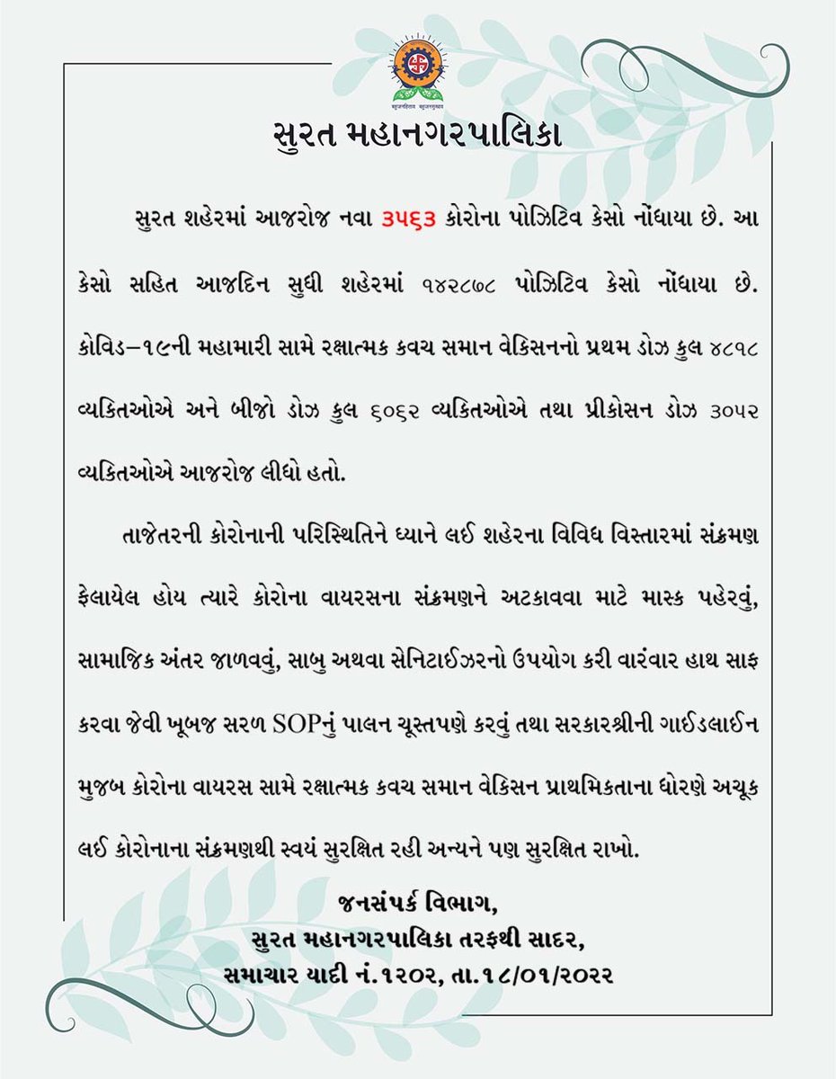 MySuratMySMC's tweet photo. સુરત મહાનગરપાલિકા દ્વારા શહેરનાં વિવિધ ઝોનમાં કરવામાં આવેલ કોવિડ નિયંત્રણ કામગીરી, કાર્યકારી સમીક્ષા બેઠક તથા અનામત પ્લોટ પરથી દબાણ દૂર કર્યાની વિગતો. #SafeSurat #CovidFreeSurat #CoronaKoHarana #COVID19
#CovidFreeSurat #mysmc #Surat #Pressnote #AskAMask https://t.co/w9HGr6MyrH