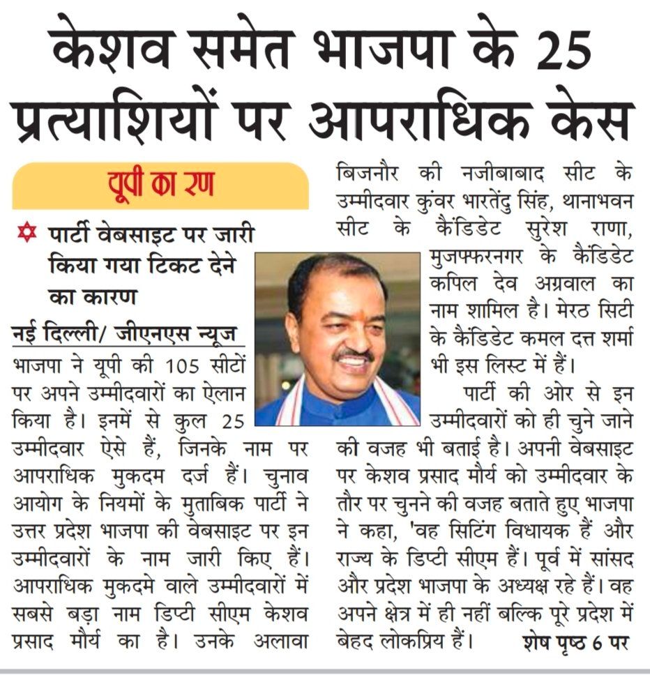 भाजपा की सच्चाई! उप मुख्यमंत्री समेत 25 विधानसभा प्रत्याशी हैं गंभीर धाराओं में आरोपी। जनता को ये विपक्षियों के खिलाफ बरगलाते हैं जबकि स्वयं संगीन धाराओं के आरोपियों को टिकट से नवाजते हैं। जनता करेगी इनका हिसाब, 10 मार्च को भाजपा साफ!