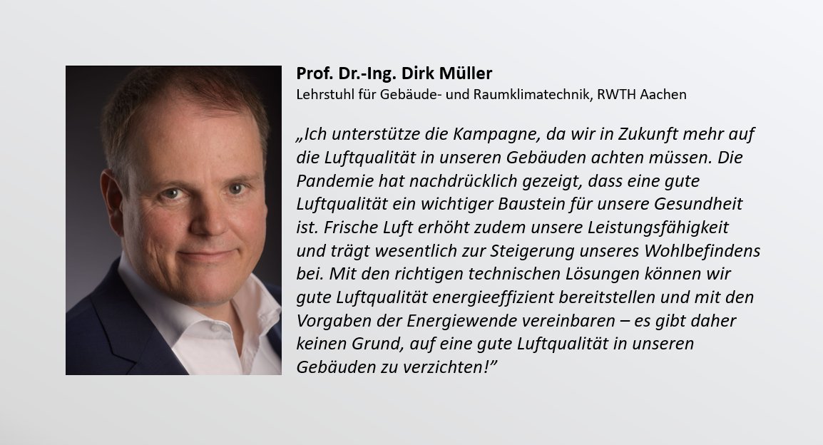 Prof. Dr.-Ing. Dirk Müller, <a href="/RWTH/">RWTH Aachen</a> unterstützt die Kampagne Lebensmittel Luft. Die Kampagne erklärt, warum gute Raumluftqualität so wichtig für Gesundheit, Leistungsfähigkeit und Wohlbefinden ist und zeigt, wie wir sie erreichen können. 
#gesundeRaumluft #LebensmittelLuft