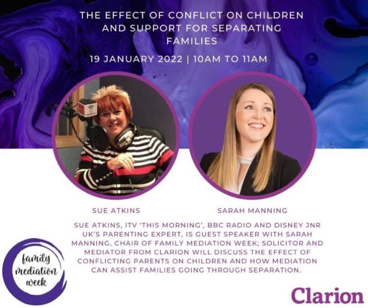 SueAtkins's tweet photo. 
At 10am today I’m the guest #speaker with Sarah Manning from @ClarionFamily discussing the effect of #conflict on #children & how #mediation can help #families
Follow the link to register: https://t.co/n2d1yAux6H
#FamilyMediationWeek22
#FamilyMediationWeek #divorce https://t.co/cHuDJpnTfC