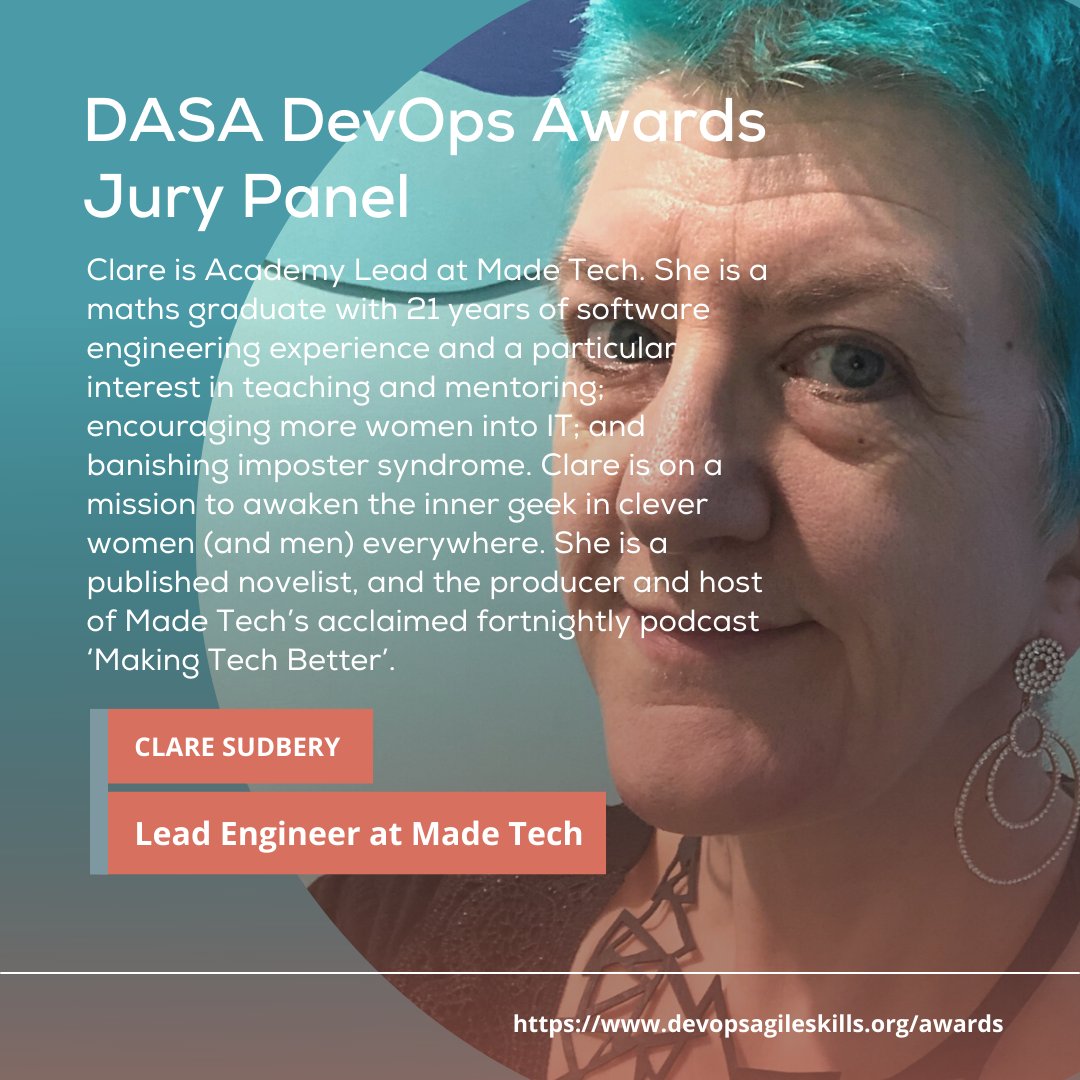 dasa_org's tweet photo. Clare Sudbery (she/her) is Academy Lead at Made Tech. She is a maths graduate with 21 years of software engineering experience and a particular interest in teaching and mentoring; encouraging more women into IT.
https://t.co/N02eNofntt
#DevOpsAwards #Jurypanel #DASA https://t.co/XlgKvX5bkT