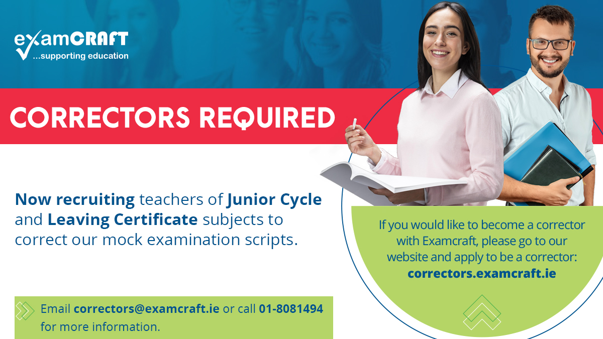 ExamcraftGroup's tweet photo. Interested in correcting mock exams with Examcraft next year?
Please apply at https://t.co/aQywNdYaqh.
Alternatively, email correctors@examcraft.ie or call 01-8081494 for more information.
#JuniorCycle #SeniorCycle #Mocks2022 https://t.co/ZxSqqJoyX4