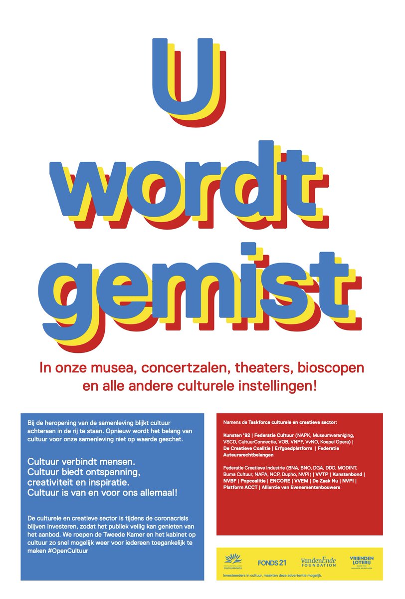 Bij de heropening van de samenleving blijkt cultuur achteraan in de rij te staan. Opnieuw wordt het belang van cultuur niet op waarde geschat. Cultuur verbindt, biedt ontspanning, creativiteit en inspiratie. Cultuur is van en voor ons allemaal.
museumvereniging.nl/u-wordt-gemist
#OpenMusea