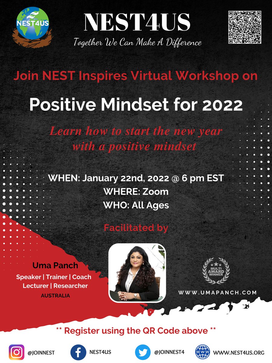 joinnest4's tweet photo. As we welcome the #newyear, find #inspiration around you &amp; #motivation within you to be all that you can be! Wondering where to start? #Register for our #NESTInspires #workshop with #guestspeaker Uma Panch from #Australia! 🤩 #NEST4US #Positivity #Empower https://t.co/gn9aubsT3j https://t.co/jEMignQB4q