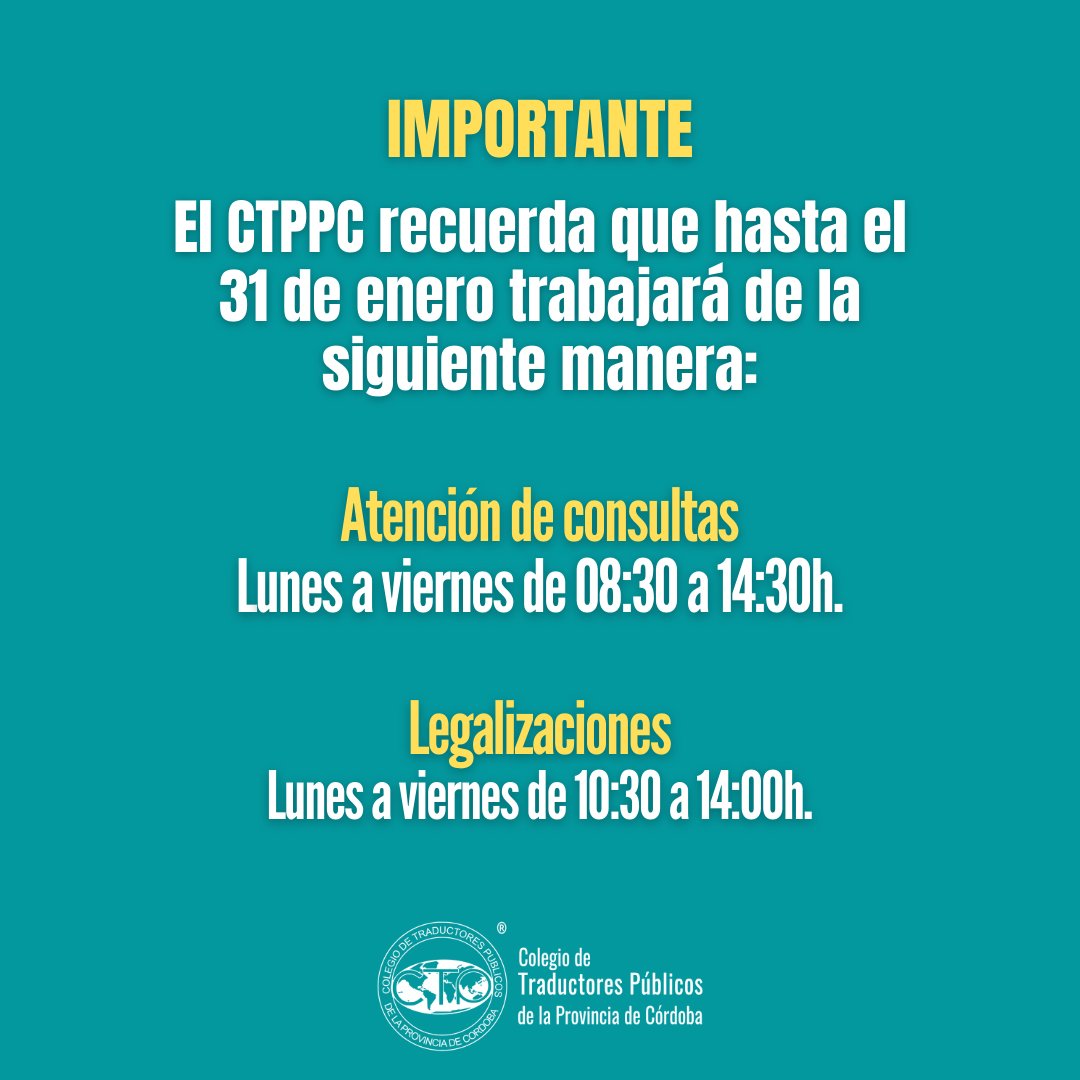 IMPORTANTE⚠
El CTPPC recuerda que hasta el 3️⃣1️⃣ de enero trabajará de la siguiente manera:

Consultas
Lun a vie de 08:30h a 14:30h

Legalizaciones
Lun a vier de 10:30h a 14:00h

Las legalizaciones en el Colegio se realizan sólo con turno previo