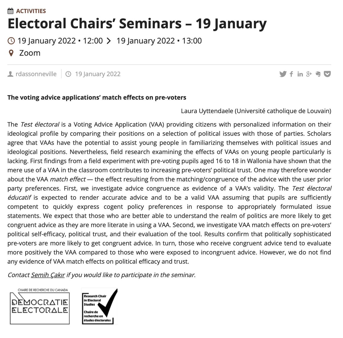 Semih Çakır (@mascakir) on Twitter photo <a href="/SciencePo_UdeM/">Science politique UdeM</a> Electoral Chairs' Seminars are back!
Join us today at 12h00 (Eastern) for the first seminar of the session by <a href="/LauraUytten/">Laura Uyttendaele</a> from @UCLouvain_be on voting advice applications and their effects among pre-voters.
DM for the link 📩
cc. <a href="/ablais/">Aaron Blais</a> <a href="/r_dassonneville/">ruth dassonneville</a>
👇 <a href="/SciencePo_UdeM/">Science politique UdeM</a> Electoral Chairs' Seminars are back!
Join us today at 12h00 (Eastern) for the first seminar of the session by <a href="/LauraUytten/">Laura Uyttendaele</a> from @UCLouvain_be on voting advice applications and their effects among pre-voters.
DM for the link 📩
cc. <a href="/ablais/">Aaron Blais</a> <a href="/r_dassonneville/">ruth dassonneville</a>
👇