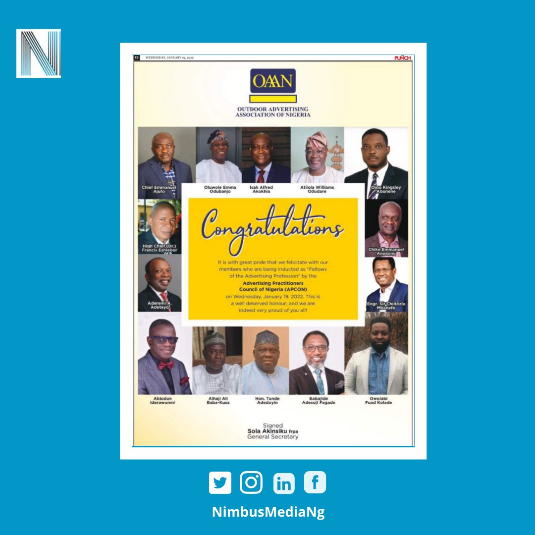 NimbusMediaNG's tweet photo. Congratulations to our Chairman @Babsfagade on your induction as a fellow of @apconofficial

@OaanNigeria

Source: @MobilePunch
#NimbusMedia #apcon #advertising #chairman #lasaa #outdoor #outdooradvertising #dooh #ooh #nigeria https://t.co/2sS6QWuo0t