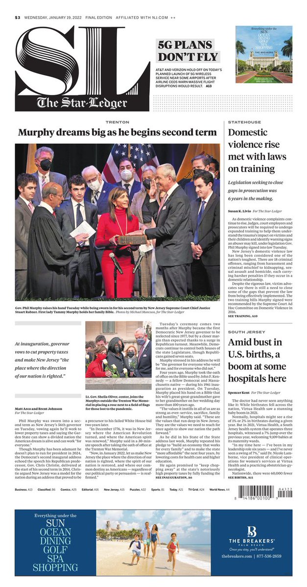 GunaRockYa's tweet photo. Today’s #InaugurationNJ front page headlines:
“Murphy Dreams Big As He Begins Second Term”
“Mission Is Not Done Yet”
“Governor For All of N.J.”
“Murphy: Make N.J. a Model to Restore the American Dream” https://t.co/G43elseFV8