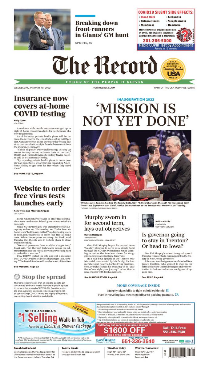 GunaRockYa's tweet photo. Today’s #InaugurationNJ front page headlines:
“Murphy Dreams Big As He Begins Second Term”
“Mission Is Not Done Yet”
“Governor For All of N.J.”
“Murphy: Make N.J. a Model to Restore the American Dream” https://t.co/G43elseFV8