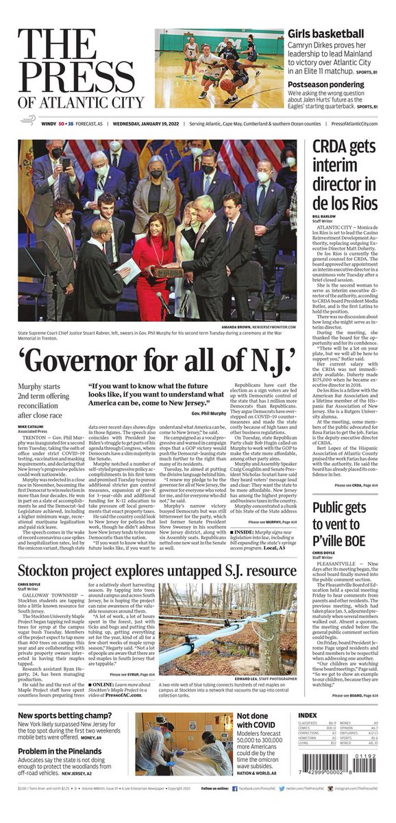 GunaRockYa's tweet photo. Today’s #InaugurationNJ front page headlines:
“Murphy Dreams Big As He Begins Second Term”
“Mission Is Not Done Yet”
“Governor For All of N.J.”
“Murphy: Make N.J. a Model to Restore the American Dream” https://t.co/G43elseFV8