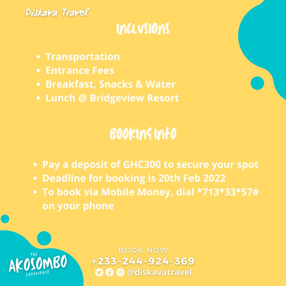 DiskavaTravel's tweet photo. We're touring Akosombo this February. Highlights of the trip include: the Adomi Bridge Abseil, Shai Hills Forest Reserve and the newly opened Bridgeview Resort. Pay a deposit of GHC300 to secure your spot. Deadline for booking is 20th Feb 2022 https://t.co/vYkYndgiMW