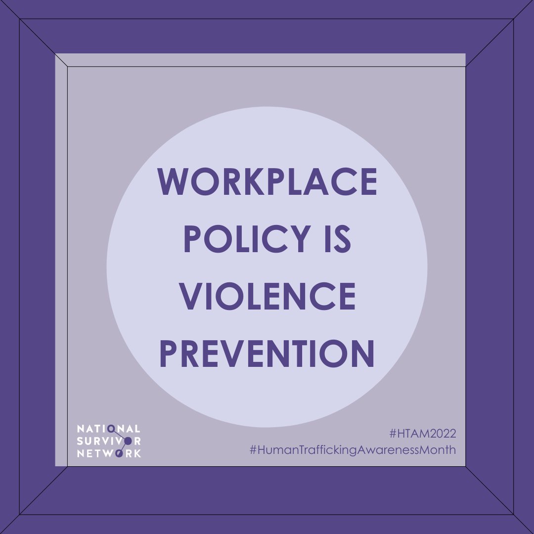 NtlSurvivorNet's tweet photo. Workplace policy is violence prevention. Family leave & flex time allow survivors to attend court dates & get medical care for themselves & their dependents. Safe days allow survivors to recover from trauma. $$$$ support empowers survivors’ recovery from economic abuse. #HTAM2022 https://t.co/YCEuKxn8jO