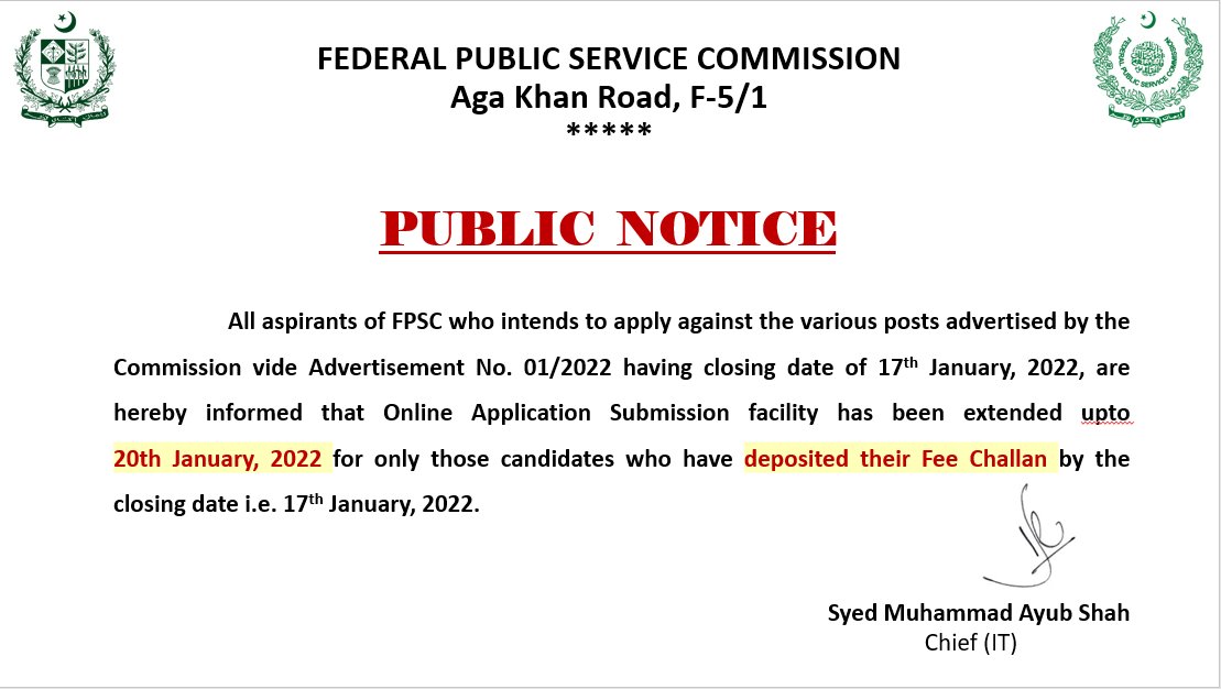 FPSC_Islamabad's tweet photo. Dear All 😊
Adv No.01/2022 having a closing date of 17 Jan 22, are hereby informed that the online application submission facility has been extended up to 20 Jan 2022 for only those candidates who have deposited their fee challan by the closing date i.e. 17 January 2022.
#FPSC https://t.co/8rlVYHdH2K