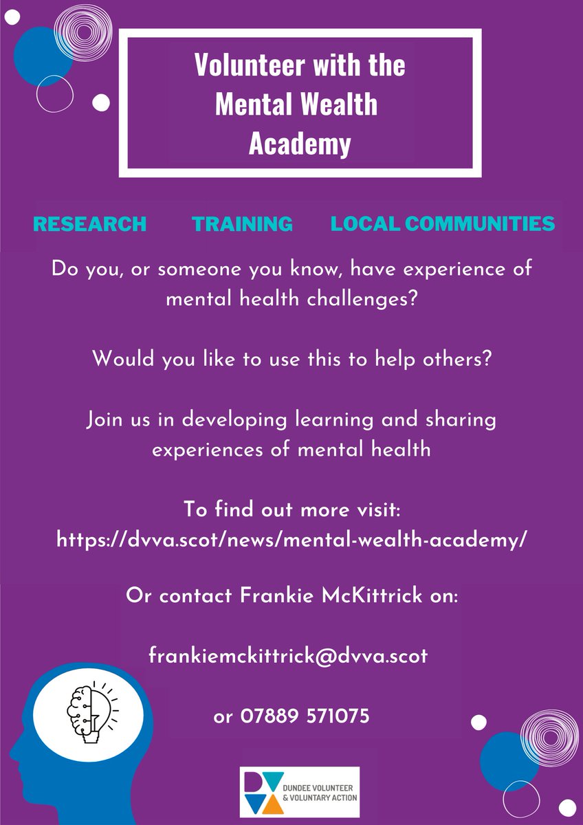 ⭐️The Mental Wealth Academy is recruiting Experts by Experience who are passionate about helping others and want to improve awareness and understanding of mental health issues. 
⭐️If you would like to find out more and volunteer click on the link below 👇dvva.scot/volunteering/#…