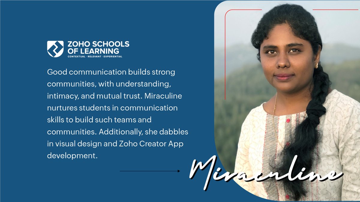 ZohoSchools's tweet photo. An aerial view of @Miraculine san's life and her creative approaches that make her teaching a true delight to behold!
#zohoschools #knowouraasans #facultyintro #teacher #zoho #schools #faculty #introduction #schooloftechnology #technology #tenkasi #interview #teacher #teaching https://t.co/J6Enrw21eH