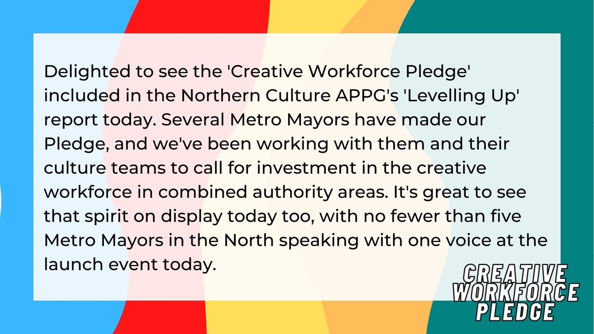 CreativePledge's tweet photo. ‘#LevellingUp’ through culture can’t happen without a well supported #creative &amp; #cultural workforce

Delighted Metro Mayors who made made the #CreativeWorkforcePledge @AndyBurnhamGM @MetroMayorSteve @TracyBrabin are flying the flag at the launch of the @NCAPPG here today! https://t.co/BMcQWnbmOx